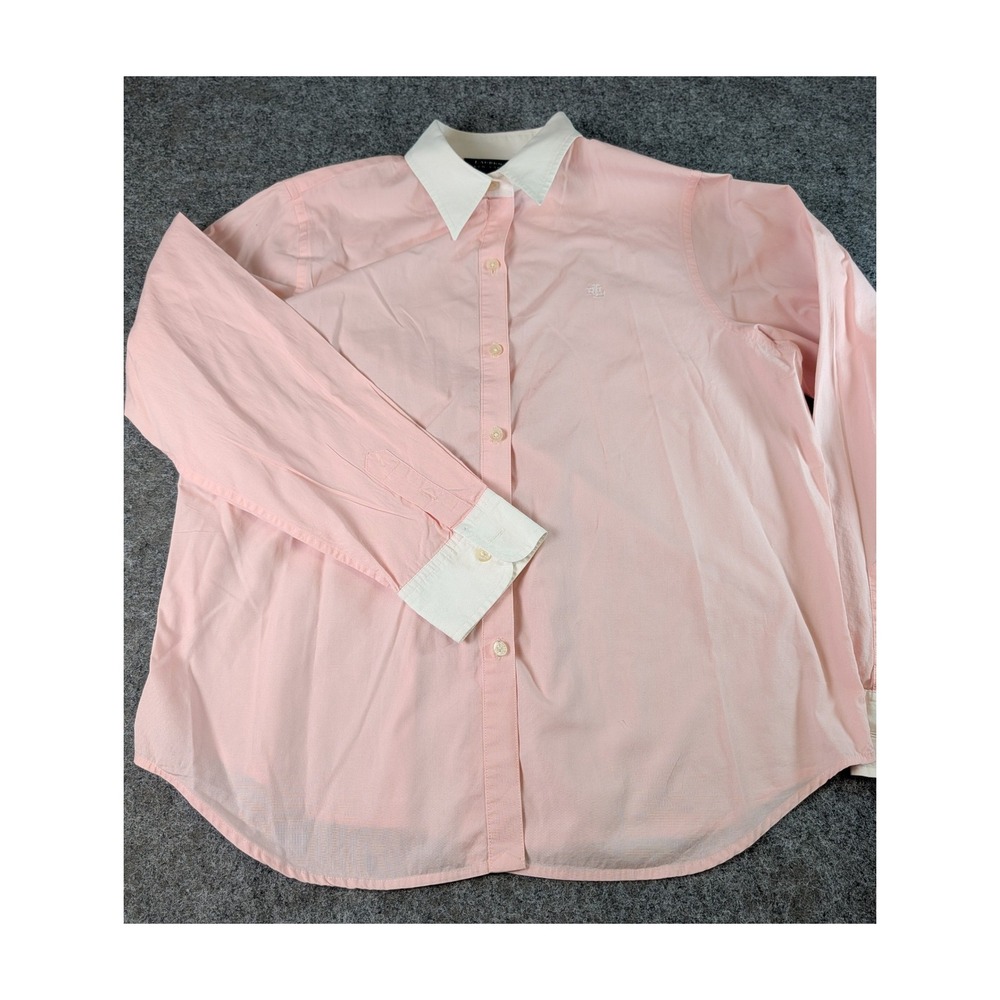 Lauren Ralph Lauren Pink White Contrast Collar Button Down Shirt Womens L Cotton